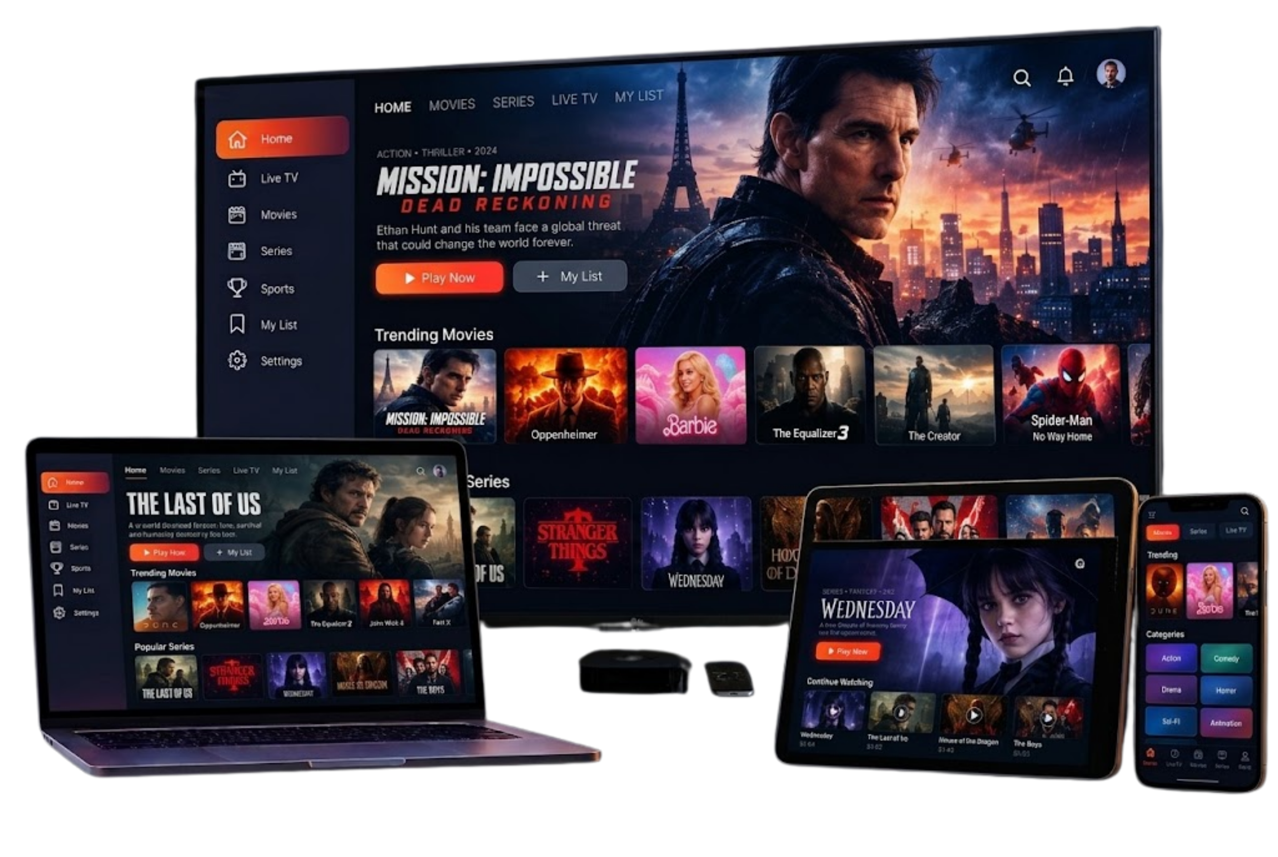 Multi-screen IPTV: Turbo IPTV playing on a TV, a tablet and a smartphone at the same time